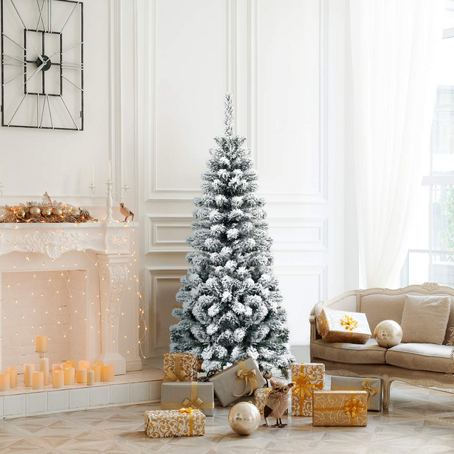 Dreamade Artificial Snow Flocked Christmas Tree, Slim Xmas Snowy Tree for Indoor and Outdoor Use - DreamadeUS