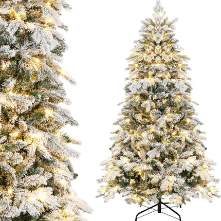 Dreamade Pre-Lit Snow Flocked Christmas Tree, Artificial Hinged Xmas Tree with Branch Tips, PE & PVC Mixed Leaves