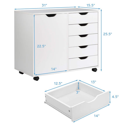 Dreamade Drawers Cabinet Mobile Lateral Filing Organizer with 5 Drawers,1 Side Cabinet and Wheels Mobile Side Cabinet Chest