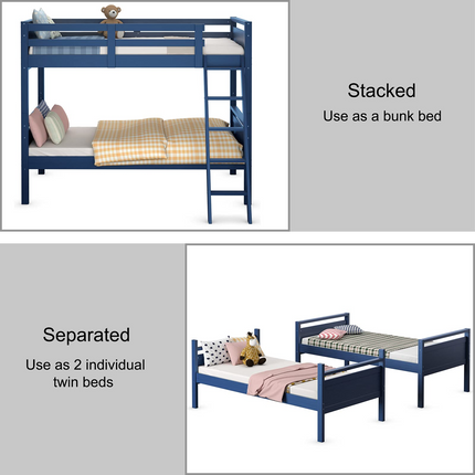 Dreamade Twin Over Twin Bunk Bed, Solid Wood Twin Bunk Bed Convertible Into Two Individual Beds