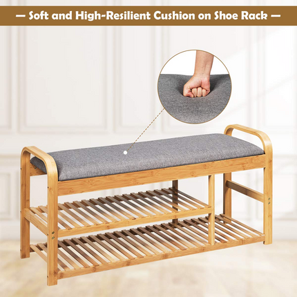 Dreamade Shoe Rack Bench, Entryway 3-Tier Bamboo Shoe Organizer with Cushion (Natural and Grey)