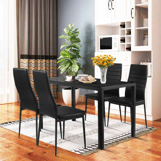 5 Piece Kitchen Dining Table Set with Glass Table Top Leather Padded 4 Chairs (Black) - Dreamadeus