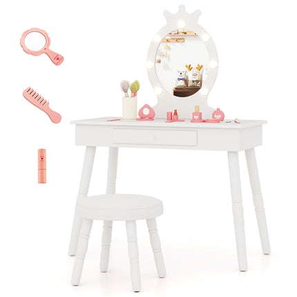 DREAMADE 2-in-1 Kids Makeup Vanity, Girls Vanity w/Lights, Stool, Mirror & Drawer