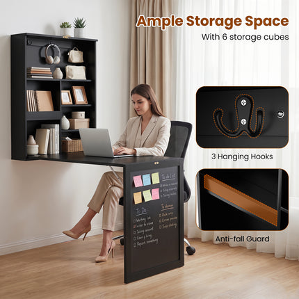 DREAMADE Folding Wall Desk, Wall Mounted Table with Storage, Fold Out Table with Shelves