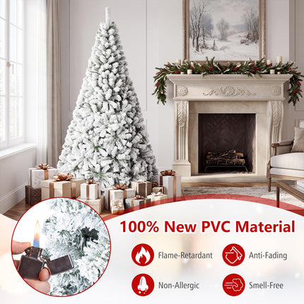 Dreamade 6FT/9FT Artificial Christmas Tree Unlit Flocked Xmas Tree with Full Branch Tips & Folding Metal Stand