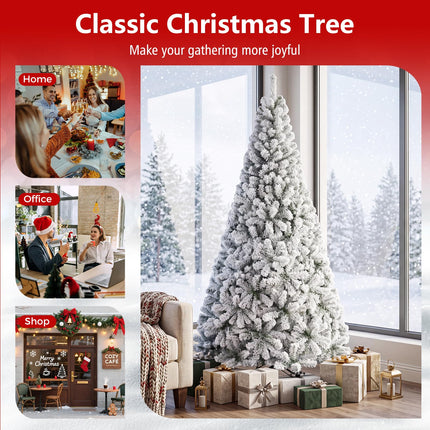 Dreamade 6FT/9FT Artificial Christmas Tree Unlit Flocked Xmas Tree with Full Branch Tips & Folding Metal Stand
