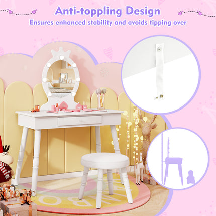 DREAMADE 2-in-1 Kids Makeup Vanity, Girls Vanity w/Lights, Stool, Mirror & Drawer