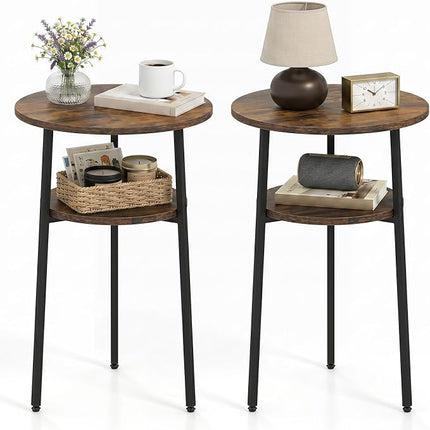 Dreamade Round Side Table, 2-Tier End Table w/Metal Frame | Accent Nightstand Bedside Table w/ Storage Shelf for Small Space Sofa Couch Side