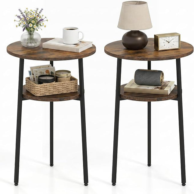 Dreamade Round Side Table, 2-Tier End Table w/Metal Frame | Accent Nightstand Bedside Table w/ Storage Shelf for Small Space Sofa Couch Side
