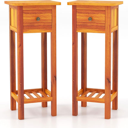 Dreamade Narrow End Table with Drawer, Tall Acacia Wood Side Table with Bottom Shelf, Modern Bedside Tables