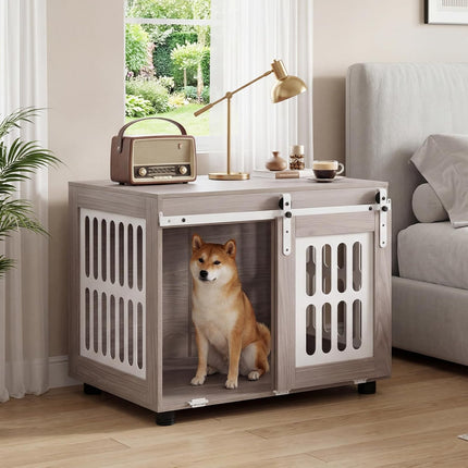 Dreamade 31.5" Dog Crate Furniture with Barn Door for Small Medium Dogs | Farmhouse Wooden Dog Kennel