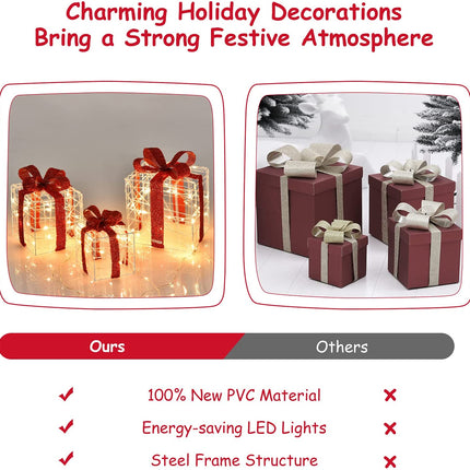 Lighted Gift Boxes Christmas Decoration, Set of 3 White Present Ornament Boxes with 60 LED Lights - DreamadeUS