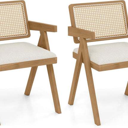 Dreamade Rattan Dining Chairs, Leathaire Kitchen Chairs w/Armrests & Padded Cushion