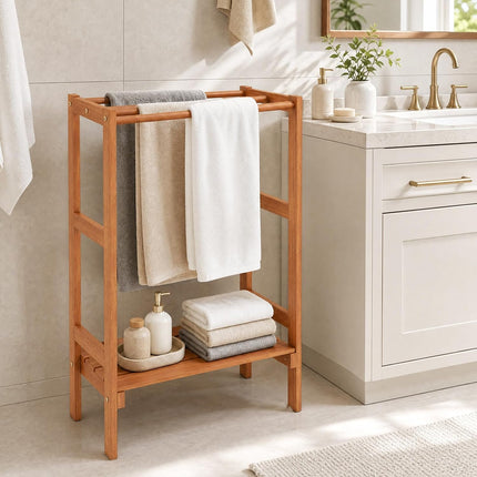 Dreamade 3-Bar Wood Towel Rack Freestanding with Bottom Storage Shelf | Wooden Towel Drying Stand