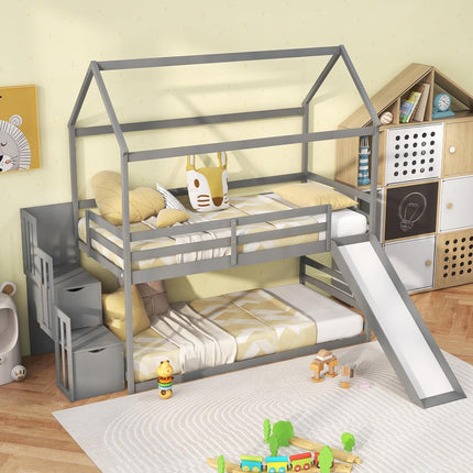 Dreamade House Bunk Bed Twin Over Twin with Slide and Storage Stairs, Solid Wood Low Loft Bed Frame with Roof & Guardrail