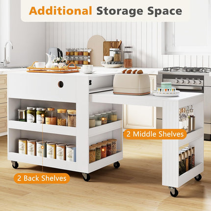 Dreamade 72”-44.5” Extendable Kitchen Island with Storage, Power Outlet | Rolling Kitchen Island Table on Wheels w/Fluted Doors