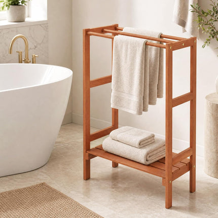 Dreamade 3-Bar Wood Towel Rack Freestanding with Bottom Storage Shelf | Wooden Towel Drying Stand