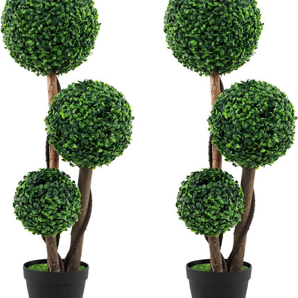 Dreamade 3ft Artificial Boxwood Topiary Ball Tree, Faux Potted Plants with Solid Wood Trunks
