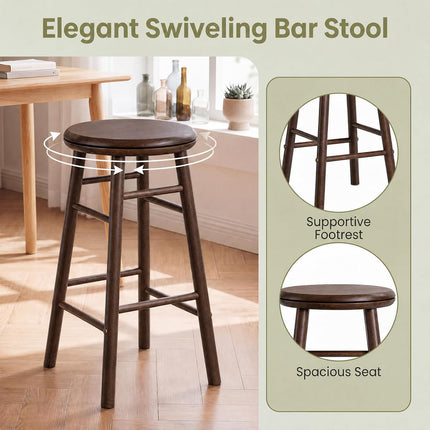 Dreamade 24 Inch Swivel Bar Stools Set of 2, Rubber Wood, Walnut | Round Bar Chairs w/Backless Design