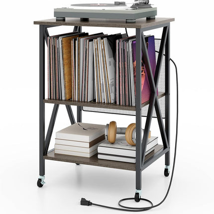Dreamade Record Player Stand with Charging Station, Turntable Stand with Record Storage & 4 Rolling Wheels