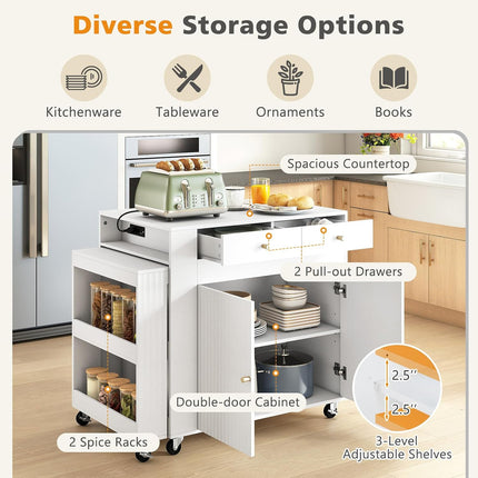 Dreamade 72”-44.5” Extendable Kitchen Island with Storage, Power Outlet | Rolling Kitchen Island Table on Wheels w/Fluted Doors
