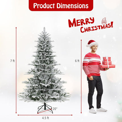 Dreamade 6/7/8 ft Pre-Lit Snow Flocked Christmas Tree, Artificial Hinged Xmas Tree with 661/1119/1447 PVC & PE Tips
