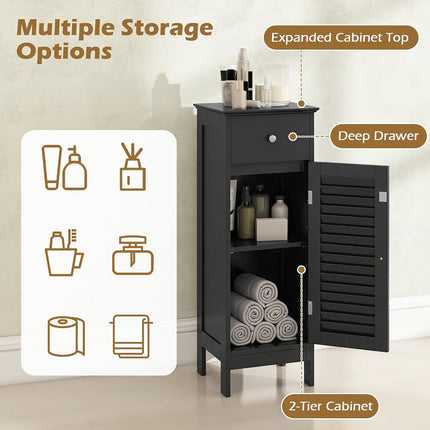Dreamade Bathroom Floor Storage Cabinet with Door and Drawer, Black | Freestanding Side Cabinet with 3-Height Adjustable Shelf