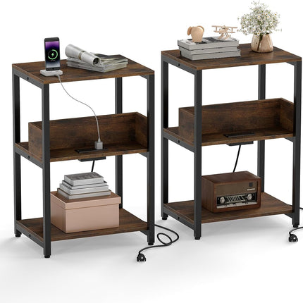 Dreamade Side Table with Charging Station - Industrial 3-Tier Bedside Table w/Open Storage Shelves