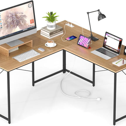 59 Inch Reversible Corner Desk with Power Outlet and USB Ports & Monitor Stand