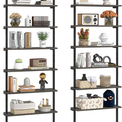 Dreamade 6-Tier Ladder Shelf, 72" Wall Mounted Bookshelf with Metal Frame, Industrial Open Storage Shelves