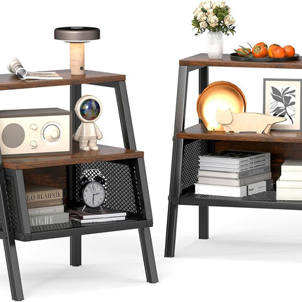 Dreamade Industrial Nightstand 3-Tier End Table with 2 Open Shelves and Metal Mesh Compartment