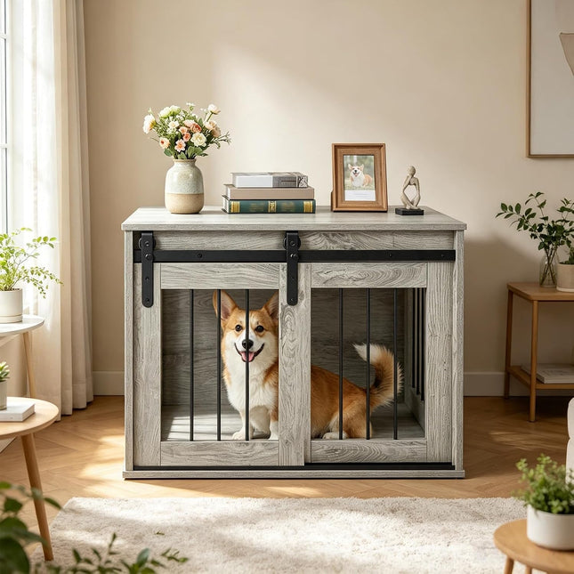 Dreamade 31.5" Dog Crate Furniture with Sliding Barn Door, Wooden Dog Kennel | Heavy Duty Wood Pet Cage End Side Table