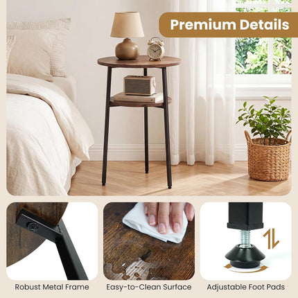 Dreamade Round Side Table, 2-Tier End Table w/Metal Frame | Accent Nightstand Bedside Table w/ Storage Shelf for Small Space Sofa Couch Side