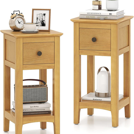 Dreamade Narrow End Table with Drawer 23.5" H Side Table w/Open Storage Shelf & Solid Wood Frame