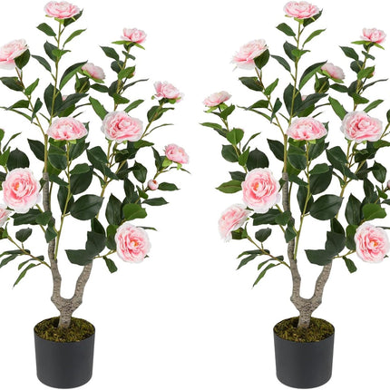 Dreamade 36’’ Artificial Camellia Tree Faux Floral Plant Blooming Tree in Nursery Pot