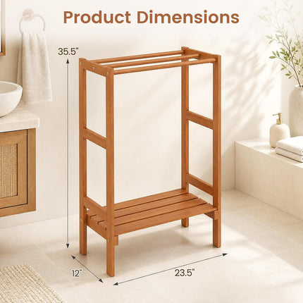 Dreamade 3-Bar Wood Towel Rack Freestanding with Bottom Storage Shelf | Wooden Towel Drying Stand