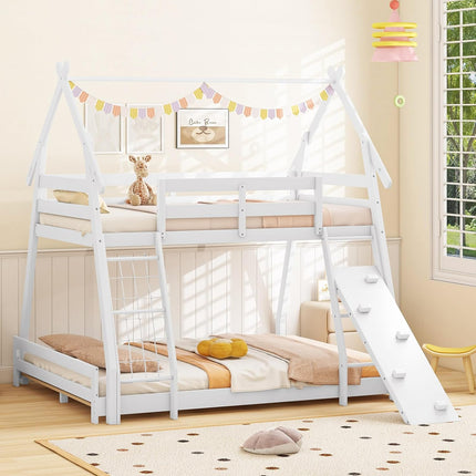 Dreamade Twin Over Queen Bunk Bed, Wood House Bunk Bed for Kids with Climbing Nets and Ramp