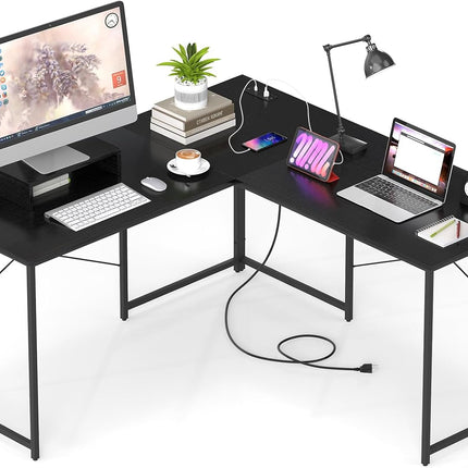 59 Inch Reversible Corner Desk with Power Outlet and USB Ports & Monitor Stand
