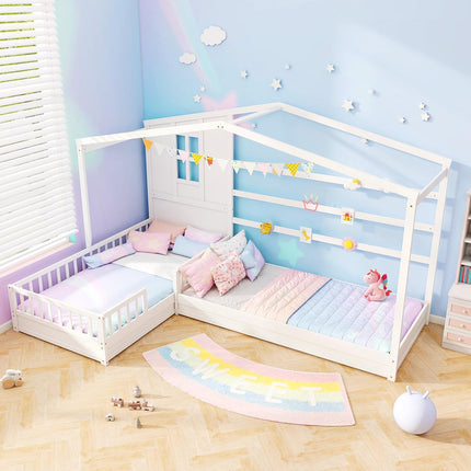 Dreamade Double Twin Beds for Kids, House L-Shaped Platform Beds with Window & Fences