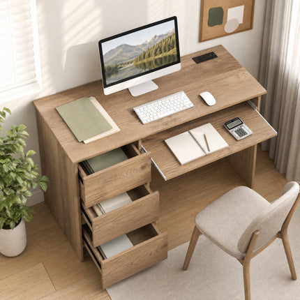 DREAMADE 42" Computer Desk with 3 Drawers and Keyboard Tray, Natural
