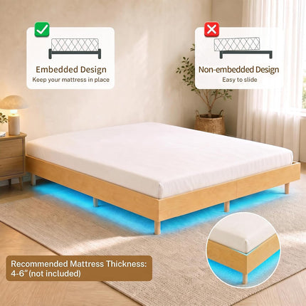 Dreamade Wood Floating Bed Frame Queen Size with Smart LED Light, Natural | Modern Platform Bed w/Heavy Duty Mattress Foundation