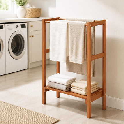 Dreamade 3-Bar Wood Towel Rack Freestanding with Bottom Storage Shelf | Wooden Towel Drying Stand