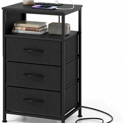 Dreamade 27.5" Nightstand with Charging Station & 3 Fabric Drawer (1/2)