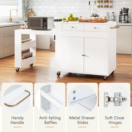 Dreamade 72”-44.5” Extendable Kitchen Island with Storage, Power Outlet | Rolling Kitchen Island Table on Wheels w/Fluted Doors