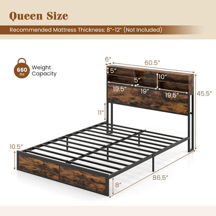Dreamade King/Queen/Twin Size Bed Frame with Storage Headboard and Charging Station, Industrial Metal Platform Bed