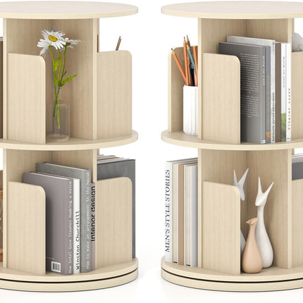 Dreamade 2-Tier Rotating Bookshelf 360° Display Rack w/Dividers & Anti-Falling Baffles