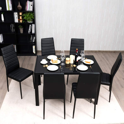 Dreamade Kitchen Dining Table Set, Glass Tabletop Dining Room Set with Leather Padded 6 Chairs, Black