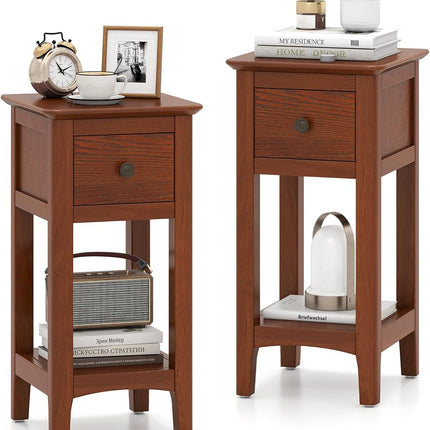 Dreamade Narrow End Table with Drawer 23.5" H Side Table w/Open Storage Shelf & Solid Wood Frame