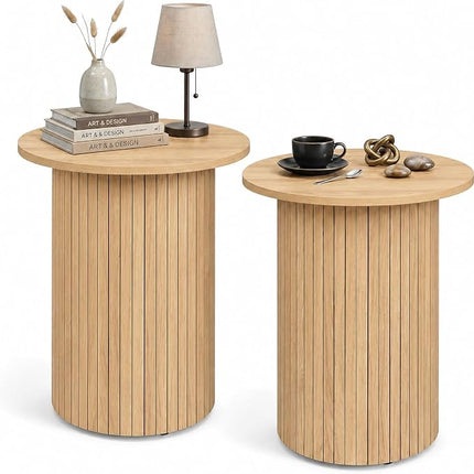 Dreamade Round Side Table, Fluted Mid Century Modern Drum End Table | 22.5‘’ Wooden Pedestal Accent Nightstand for Bedroom