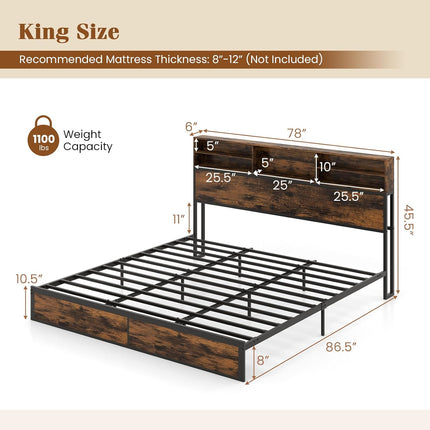Dreamade King/Queen/Twin Size Bed Frame with Storage Headboard and Charging Station, Industrial Metal Platform Bed
